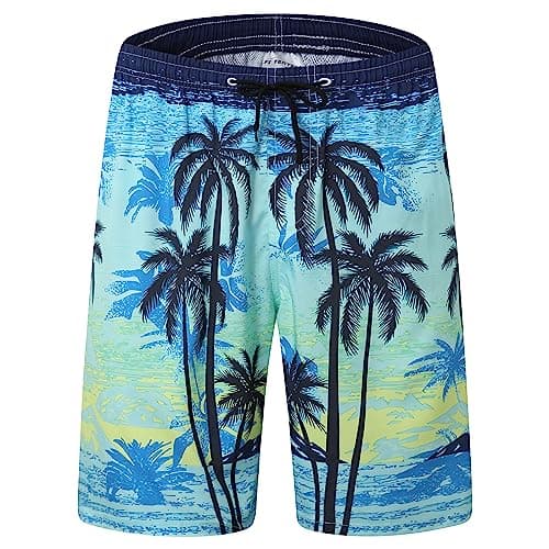 FT FENTENG Mens Swim Trunks for Men, Hawaiian Navy Palm Tree Board Shorts Men's Swimwear Bathing Suit with Mesh Lining, Funny Hawaii Quick Dry Beach Shorts for Men Swimming Trunks, Large