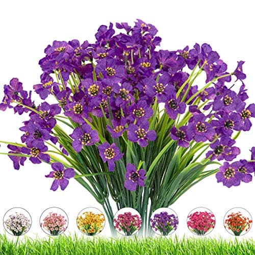 DRT DERUITAI Outdoor Artificial Fake Flowers Plants - 24 Bundles UV Resistant Artificial Violet Plastic Faux Flowers Greenery Shrubs for Outdoor Hanging Plants Garden Porch Window Box Decor (Purple)
