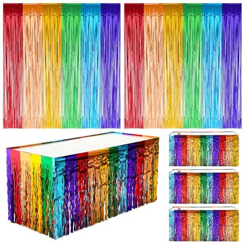 Windkream 8 Pack Fiesta Party Decorations Include Rainbow Foil Fringe Tinsel Table Skirts and Mexican Foil Fringe Curtain Streamer for Mexican Cinco De Mayo Birthday Rainbow Party Wall Decorations