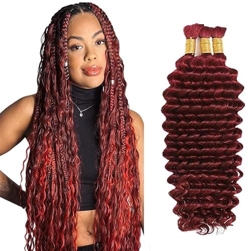 #99J Burgundy Human Braiding Hair for Boho Braids 24 24 24 Inch Wine Red Deep Wave Bulk Human Hair Knotless Boho Braiding Curly Virgin Hair Extensions 150g 3 Bundles/Pack