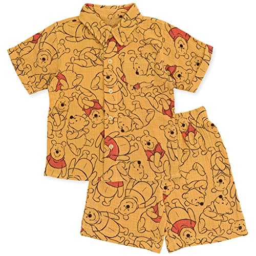 Disney Winnie the Pooh Newborn Baby Boys Cotton Gauze Hawaiian Button Down Shirt and Shorts Outfit Set Orange 6-9 Months