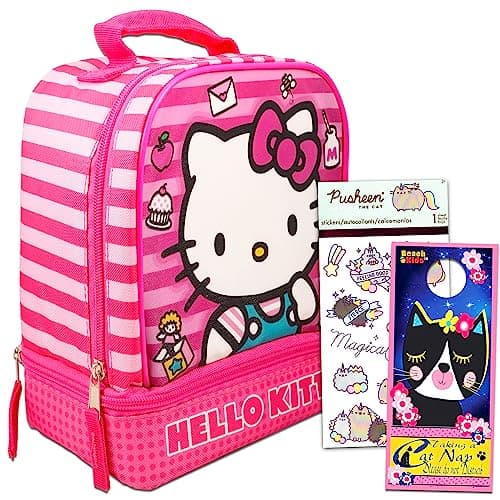 SANRIO Hello Kitty Lunch Bag School And Travel Supplies, Bonus Pusheen Stickers, 9" x 7.5" x 5"