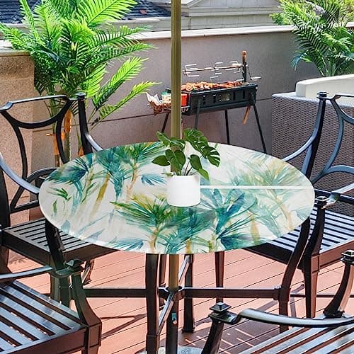 GzLeyigou Fitted Round Tablecloth with Umbrella Hole and Zipper Tropical Trees Outdoor Elastic Table Cloth 45"-56" Oil-Proof Waterproof Abstract Tree Patio Table Cover for Picnic Party