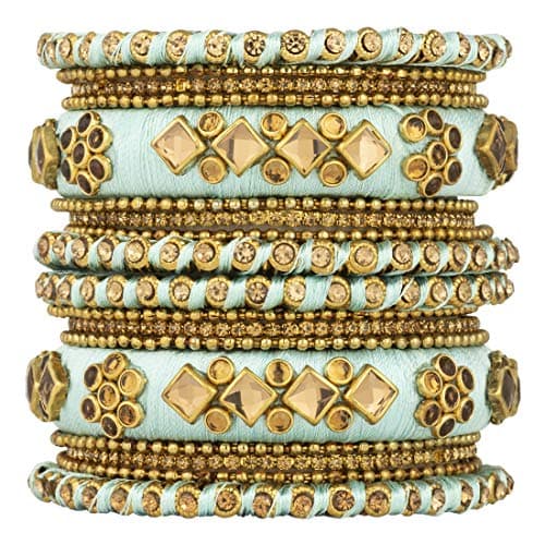 Aheli Silk Thread Fabric and Stone Studded Kundan, Chura Chuda Bangles Set Gift for Women Size 2.8 Inch