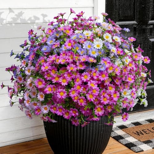 HIFORESTAR Artificial Flowers for Outdoors Colorful Daisy 20 Bundles Faux Plant Outdoor Spring Summer Decor Realistic Fake Plants Outside for Planters Front Porch Backyard Decor (20 Bundles 4 Colors)