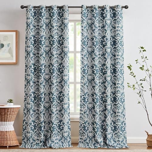 jinchan Room Darkening Curtains for Bedroom Blue Damask Patterned Curtains 96 Inch Length for Living Room Linen Textured Vintage Drapes Medallion Window Treatments Grommet Top 2 Panels Set