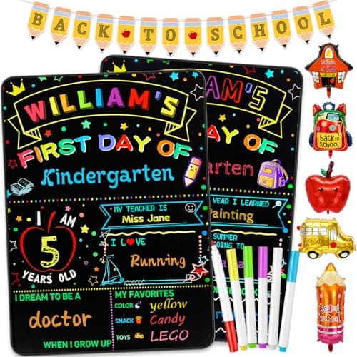First and Last Day of School Board Sign with 6 Liquid Chalk Markers, Pencil Banner & 5 Pcs School Balloons - 14"x11" Double-Sided - Back to School Supplies for Kindergarten Preschool ﻿