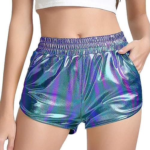 Women's Yoga Hot Shorts Elastic Waist Shiny Metallic Pants (Blue, Medium)