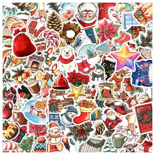 Cute Christmas Cartoon Sticker Pack for Kids and Family DIY Projects 108Pcs Vinyl Holiday Decorative Stickers Scrapbooking Journals Crafts Bedroom Bike Hat Water