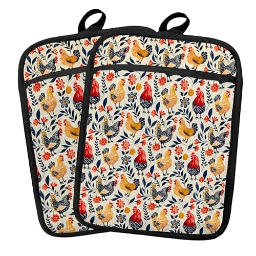 Fyecoluo Boho Floral Chicken Pot Holders 2 Pack Set, Chicken Lover Mom Lady Gifts, Rustic Farmhouse Rooster Hen Heat Resistant Oven Hot Pads for Kitchen Cooking BBQ Countertop Baking,081 Potholder