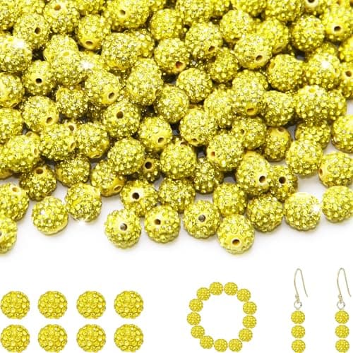 200 Pcs 10mm Rhinestone Beads for Jewelry Making, Yellow Shiny Round Shamballa Disco Baseball Necklace Beads Sparkle Crystal Clay Pave Rhinestones Bead for DIY Bracelet Earring Craft Making Supplies
