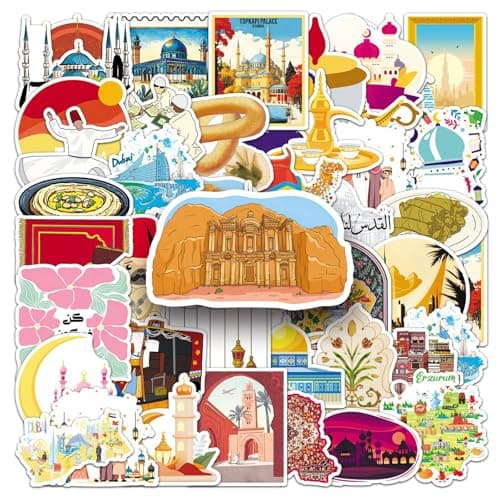 Middle East Stickers 50Pcs Waterproof Funny Famous Buildings Sticker for Laptop Water Bottle Skateboard Luggage Scrapbook Bumper Computer Car Bike Guitar,Vinyl Cartoon Decals for Adults Teens