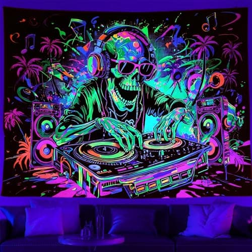 TUGCAY Blacklight Skull Tapestry Funny Skeleton Hip Hop Music Tapestry UV Reactive Gothic Hippie Tapestries Wall Hanging for Bedroom Dorm Game Room Decor(59.1 x 78.7 Inches)