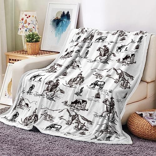 Western Cowboy Throw Blankets, Wild West Cowboy Ride Horse Desert Cactus Cozy Warm Bed Couch Blanket, Farmhouse Country American West Theme White Fleece Flannel Throws Decorate the Room and Bedroom