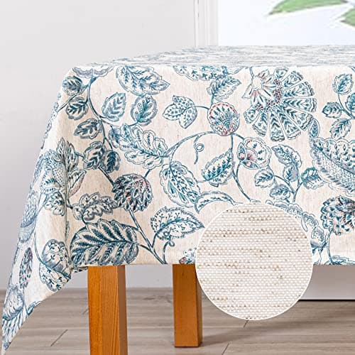 MYSKY HOME Waterproof Tablecloth Rectangle 60x84 Inch Rustic Burlap Tablecloth Spring Floral Linen Table Cover Farmhouse Decoration Rectangle/Oblong for Holiday, Dinner, Indoor and Outdoor Use, Blue