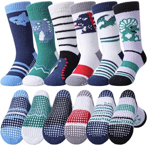 LINEMIN Kids Boys Toddlers Fuzzy Socks with Grips Cute Fun Animal Cozy Fluffy Winter Warm Non Slip Crew Socks 6 Pairs (4-7 Years, Dinosaur&Shark)
