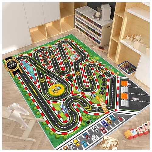 Fuzorise Kids Racing Rug 39''x59'' Car Road Kid Rug Carpet Playmat for Playoom Traffic Road Kid Play Mat for Bedroom，Kids Educational City Traffic Road map Fun Carpet (Green)