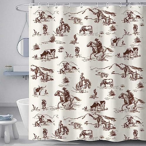 Western Cowboy Shower Curtain, Wild West Cowboy Ride Horse Desert Cactus Shower Curtain for Bathroom, Farmhouse Country American West Theme Fabric Decor Bath Curatain Set with Hooks, 47X72 Brown