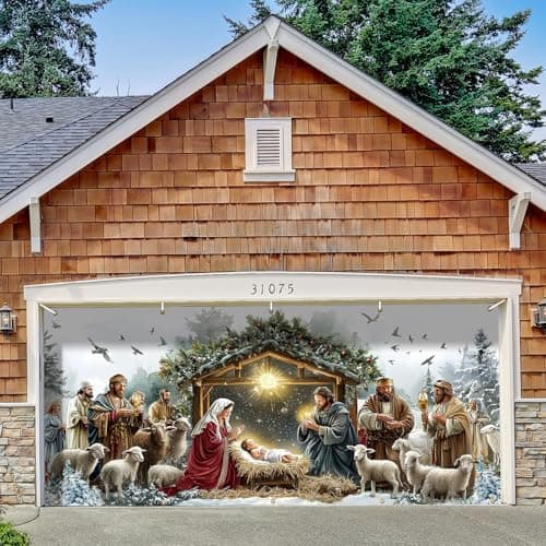 Wesiti 16 x 7 ft Christmas Garage Door Cover, Nativity Scene Outdoor Decor