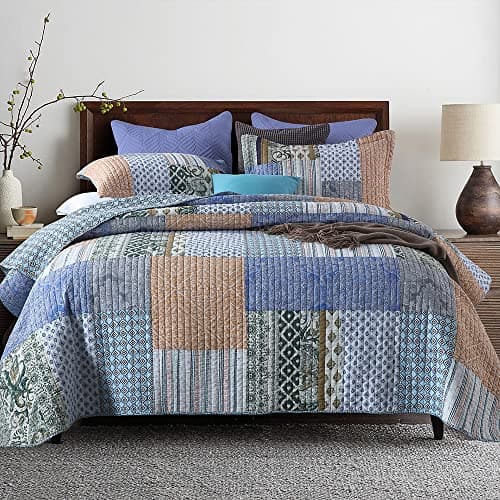VISIMISI Cotton Bedspread Quilt Sets 3 Pieces Reversible Coverlet Sets Comforters Blue Bohemian Patchwork Bedspread,Blue Paisley Pattern, Queen Size