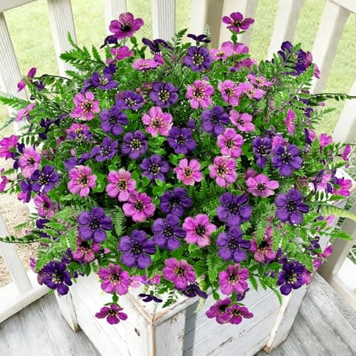 YILIUFA Artificial Flowers for Outdoors Decoration, 16 Bundles Silk Fake Flower with Ferns UV Resistant No Fade Faux Plants for Home Outside Planter Porch Patio Window Box Decor (Double Purple)