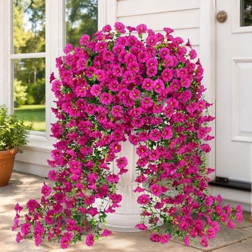 Artificial Hanging Flowers for Outdoors, Fake Hanging Flowers for Decoration, UV Resistant Artificial Outdoor Plants, 4 Pcs Morning Glory for Outdoors Garden Patio Porch Yard Decoration, Fuchsia