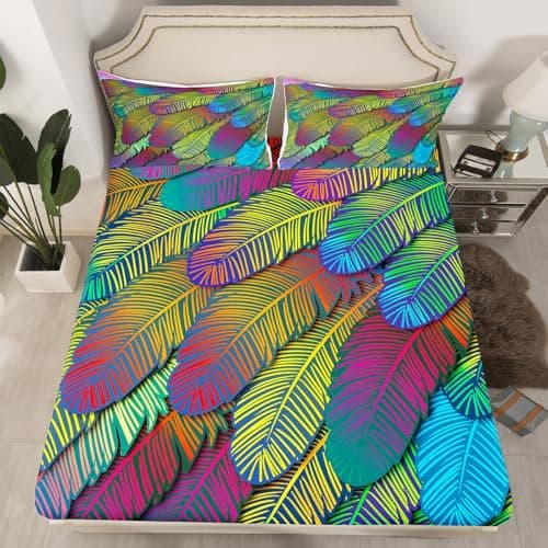 Erosebridal Palm Leaf Fitted Sheet Tropical Leaf Bedding Set Iridescent Rainbow Colorful Top Sheet Hawaiian Island Plant Summer Print Sheet Set with Deep Pocket 2 Pcs Twin Size