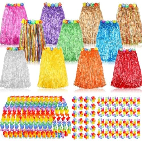 ONKULL 12 Set 60 Pcs Hawaiian Luau Hula Skirts Decorations, Grass Skirts, Hawaiian Bracelet & Necklace for Tropical Beach Party Holiday,Birthdays Party Decorations Favors Supplies Multicolor