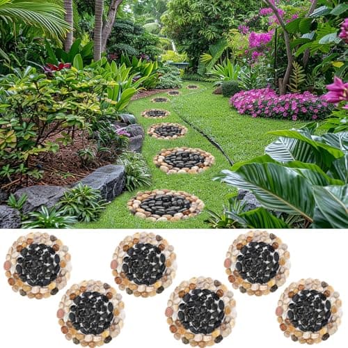 Garden Stepping Stone Outdoor Decorative Round Stepping Stones with Black Stones Round Polished River Pebble Stone from Natural River, for Garden Patio Walkway(10in 6Pcs Pack)