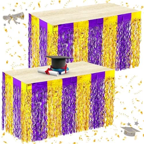 Oudain 2026 Graduation Party Decorations 2 Pack Purple and Gold Wavy Metallic Tinsel Foil Fringe Table Skirts for Prom and Grad Party Birthday Decor Rectangle and Round Table Supplies