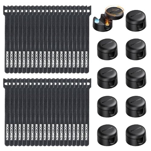 Rocoren 50 PCS Cable Management Kit, 10 Magnetic Rotatable Cable Clips & 40 Reusable Hook and Loop Cord Straps, Cord Holder Organizer Accessories for Under Desk, Nightstand, Home & Office