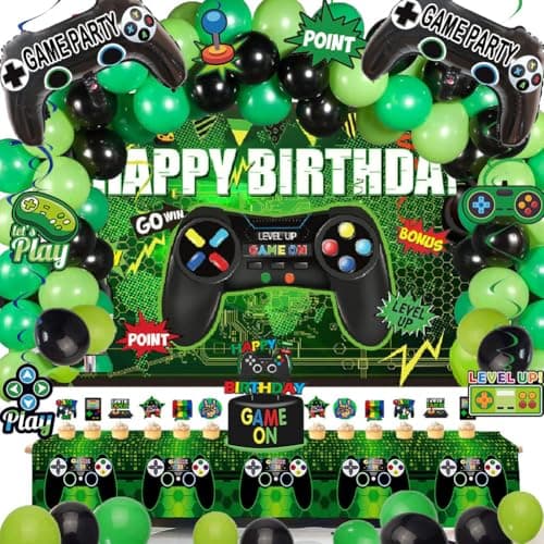 Video Game Birthday Party Decorations Kit – 77PCS Gamer Supplies with Backdrop, Hanging Swirls, Foil Balloons, Table Cover, Cake Topper for Boys Kids Game Theme Party