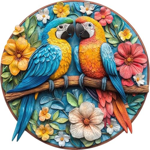 Mys Aurora Wooden Puzzles for Adults Round Parrots Jigsaw Puzzles, 200 Pieces 5MM Thick, Unique Shaped Colorful Bird Puzzle Family Game Gift for Adults, 11 x 11.2 Inch