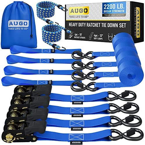 AUGO Ratchet Straps Heavy Duty 4 Pack -15 FT - 2200 LB Break Strength – with Safety Lock S Hooks - Cargo Straps for Moving, Appliances, Motorcycle – Soft Loop Tie Down Straps