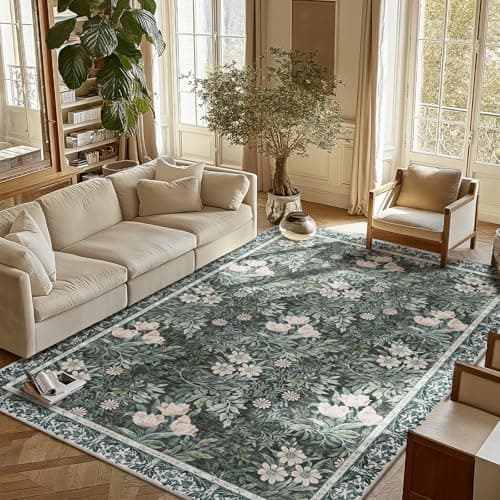 Vintage Floral with Ornate Border Washable 6x9 Area Rug, Soft Low Pile Carpet for Living Room, Dining Room Under Table, Bedroom | Non-Slip, Stain Resistant & Durable