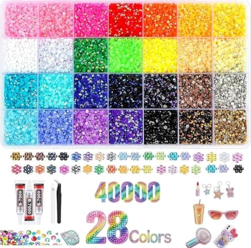 YLPARTCHER 40000PCS 28 Colors Jelly Resin Rhinestones Kit with 3Pcs B7000 Glue, 3mm Flatback Gems for Bedazzling Crafting, Multicolor Diamonds for Clothes Shoes Nail Art Diamond Painting Makeup DIY