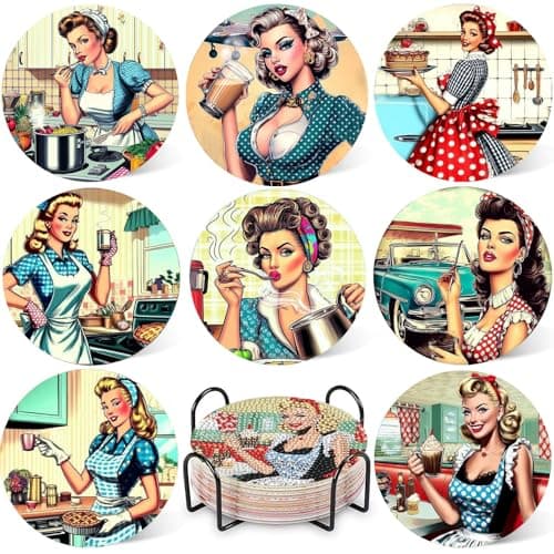 DOTZSO 8 Pcs Retro Diamond Art Coaster Kits with Holder,Diamond Painting Coasters for Adults Beginners,Party Home Decor Abstract,Fun Gifts for Women
