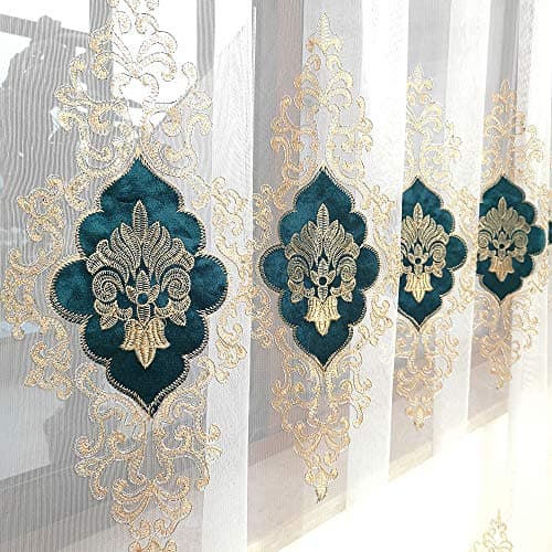 SLOW SOUL 2 Panels European Luxury Curtains Velvet Embroidered Tulle for Living Room Kitchen Bedroom Sheer Curtain with Grommet Teal Green 50W X 63L inch