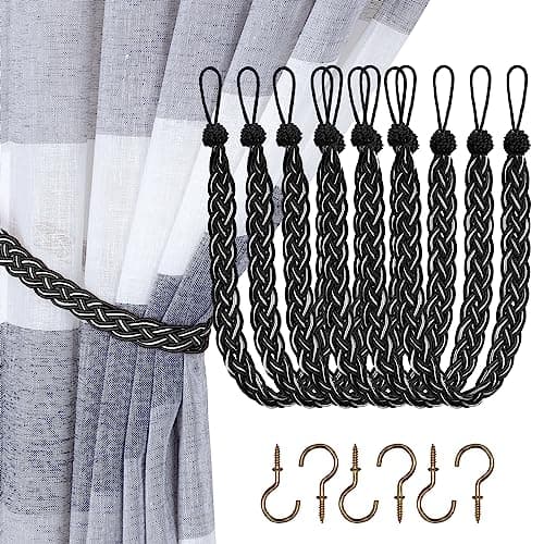 Home Queen Hand Braided Curtain Tie Back, Buckle Holdback Drapery Curtain Tiebacks, 6 Rope Belt Curtain Tie with 6 Metal Hooks, Black and Silver