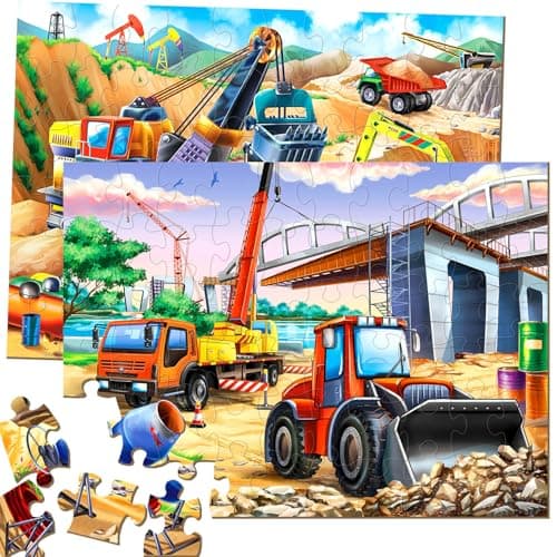 JTKDBJZ Puzzles for Kids Ages 4-6 – 2x60 Pieces Jigsaw Puzzles for Toddlers 3-5,6-8,Fun Bulldozer & Truck Toys,2 in 1 Pack Educational Construction Site Games for Boy & Girl