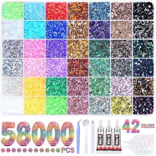 58000Pcs 42 Colors Jelly Rhinestones for Bedazzling, Resin Multicolor 3mm Flatback Gems for Crafting, Bedazzler Kit with 3Pcs 15ml B7000 Jewelry Glue for Crafts Clothes Book Shoes Nail Diamond Art