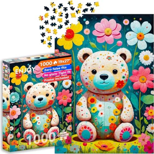 1000 Piece Jigsaw Puzzle for Adults - Floral Teddy Bear in Flower Garden | Matte Anti-Glare Finish | Fun & Challenging Puzzle | 27x19 in | Unique Gift | Enjoy
