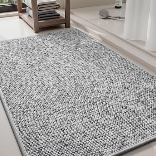 PADOOR Thin Bath Mats, Braided Bath Mats for Bathroom, No-Slip Rubber Backed Bath Rugs, Machine Washable & Quick Dry Absorbent Bathroom Mat (17"x35", Grey)