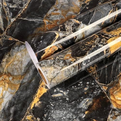 CHIHUT 17.7''x236'' Black Gold Peel and Stick Countertops Glossy Marble Contact Paper for Countertops Waterproof Self Adhesive Removable Marble Wallpaper Kitchen Countertop Contact Paper for Bathroom