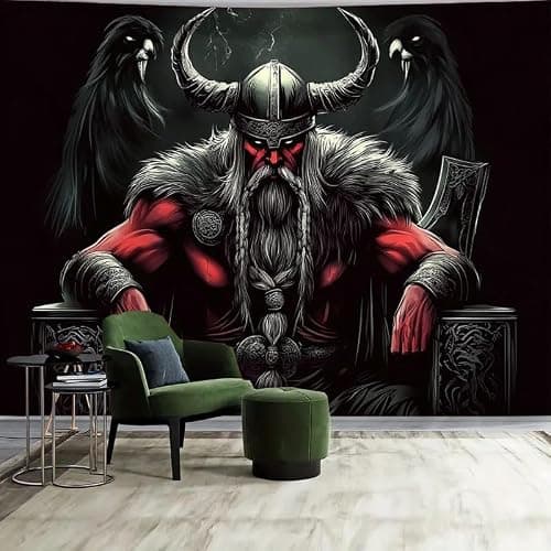 FENDROM Norse Viking Tapestry Odin Warrior Sword Axe Raven Tapestries Square Knot Tattoo Wall Hanging Nordic Meditation Runes for Men Bedroom Aesthetic Gothic Room Home Decor