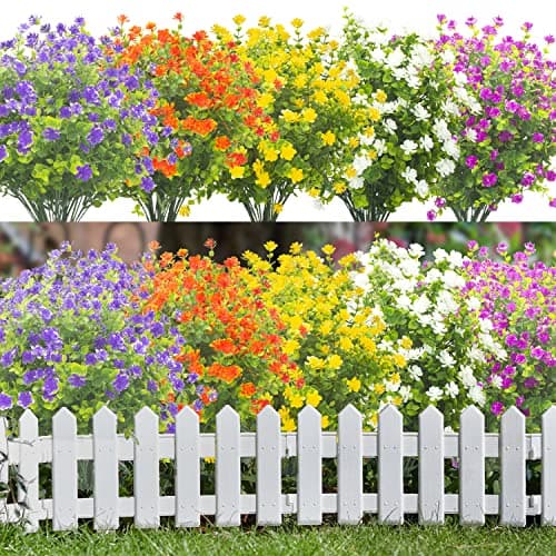 Grunyia 20 Bundles Outdoor Artificial Fake Flowers UV Resistant Boxwood Faux Plastic Plants for Hanging Garden Porch Window Box Outside Decoration(Mix)