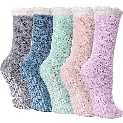 LINEMIN Non Slip Hospital Socks with Grips for Women Cozy Winter Soft Fluffy Grip Slipper Socks (5 Pairs Mix Patchwork)