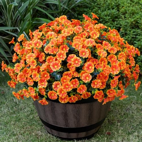 Nigirior Artificial Faux Flowers for Outdoor 16 Bundles Boxwood Fake Morning Glory for Planter,UV Resistant Fake Flowers for Home Porch Patio Outside（Orange）