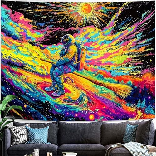 Haibimen Blacklight Astronaut SpaceTapestry Wall Hanging Galaxy Planet Tapestries for Bedroom Magic Broom Flying Aesthetic Cool Wall Art for Guys Gamer Room Dorm Living Room (Astronaut, 60''×44'')