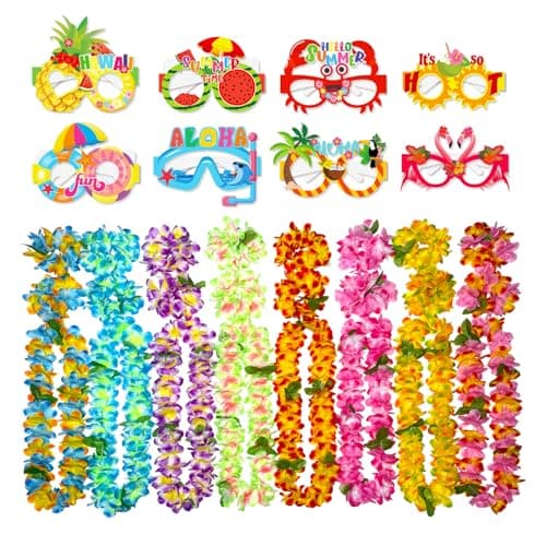 GoodUping32PCS Hawaiian Leis Party Set,8Necklaces16Wristbands8Paper Glasses